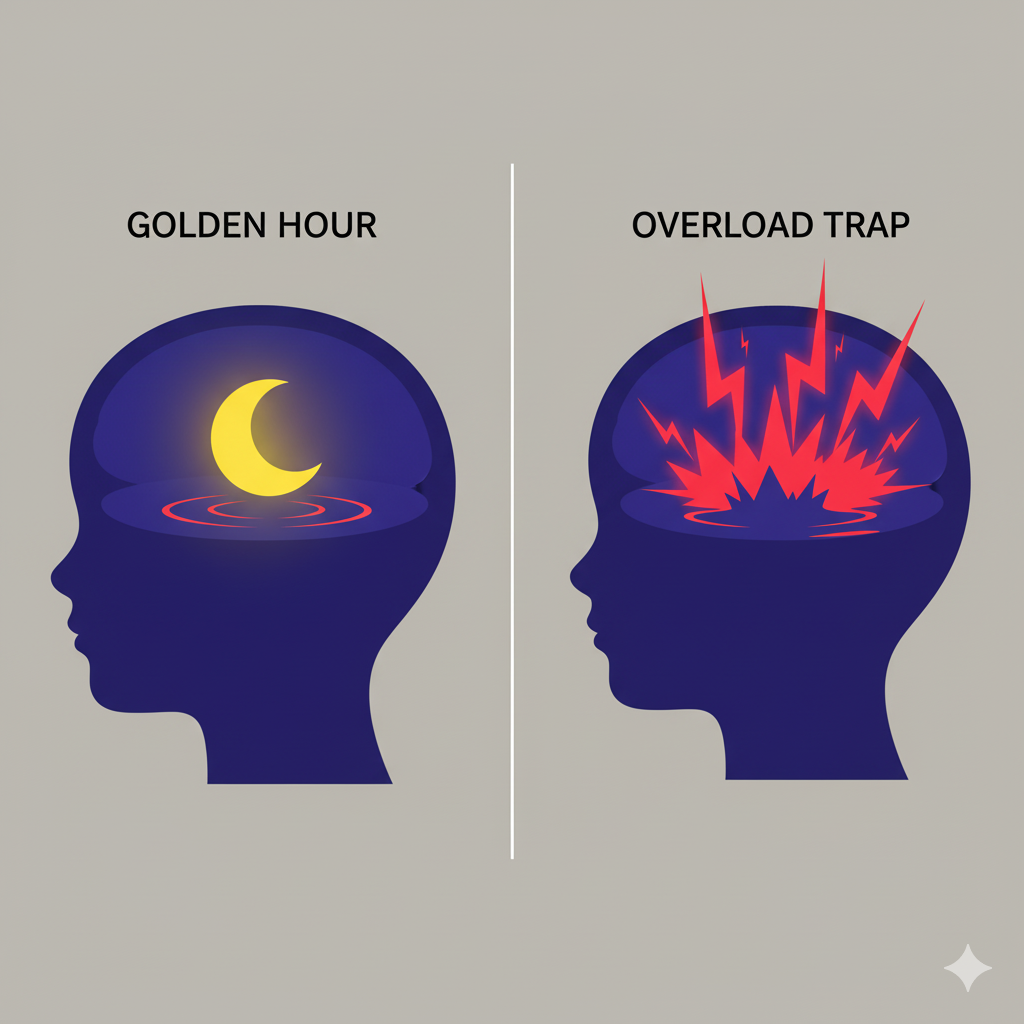 골든타임과 과로의 함정 비교: 왼쪽은 평화로운 달과 물결이 있는 뇌(골든타임), 오른쪽은 빨간 번개가 치는 뇌(과로 상태)